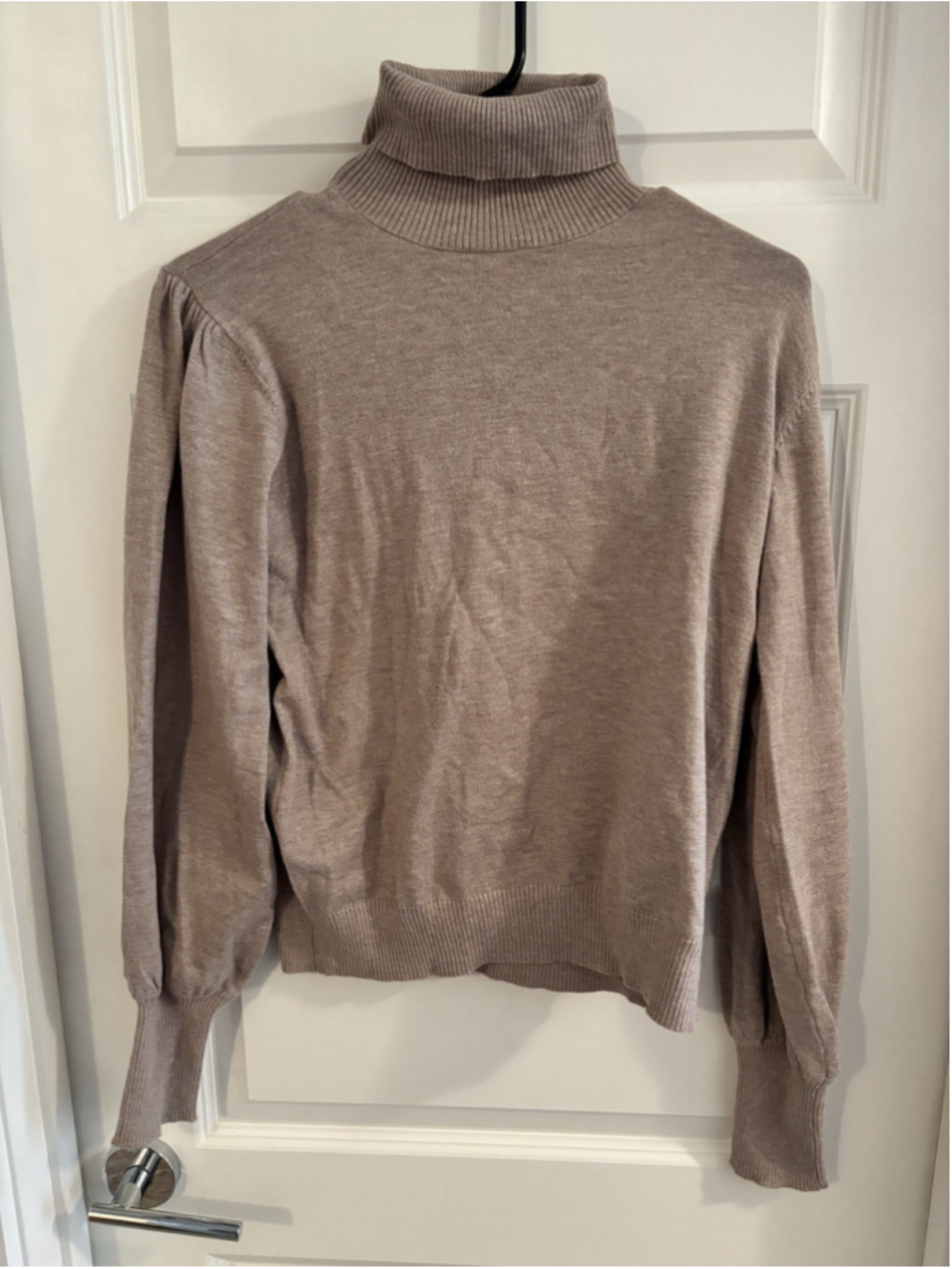 Blu Pepper Womens Puff Sleeve Turtleneck Sweater Taupe Tan Knit Top Size L
